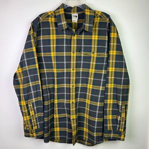The North Face Men XL Plaid Flannel Shirt Button Up Grey Blue Yellow Long Sleeve